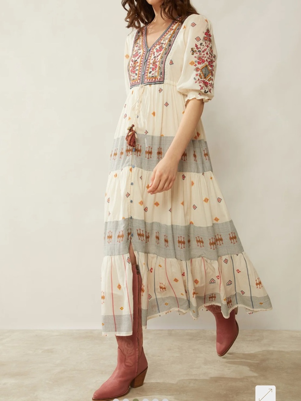 Embroidered Cream Maxi Dress with V-Neck Tassel Tie - Picture 4 of 9